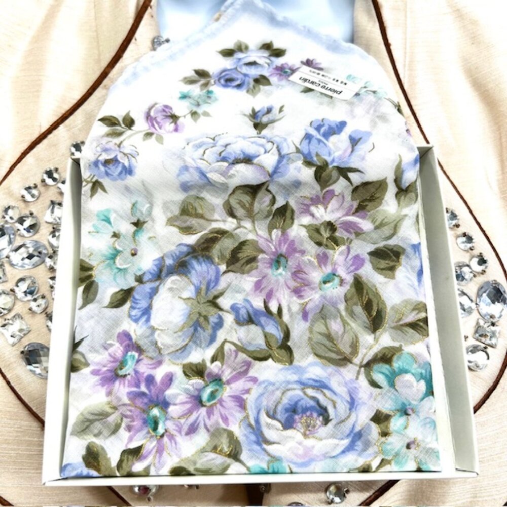 New  In Box  Pierre Cardin  handkerchiefs cotton 18" blue purole floral (69)
